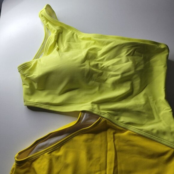 Yellow One Shoulder Swimsuit Block Colors Cutout Side Womens Medium Neon Bright - Picture 10 of 12